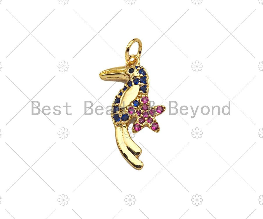 Colorful CZ Micro Pave Woodpecker Shape Pendant, 18K Gold Charm, Necklace Bracelet Charm Pendant, 21x10mm,Sku#Y433