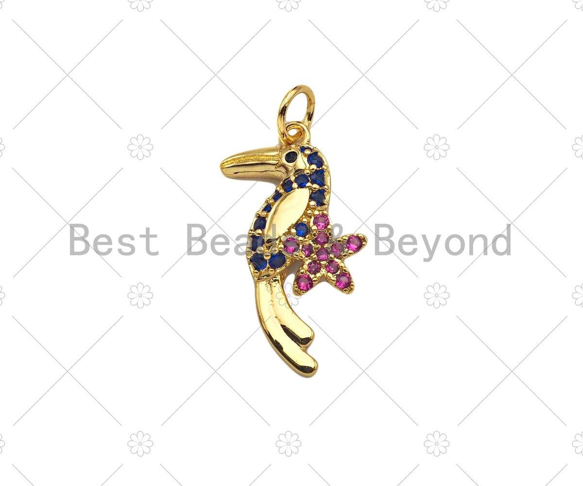 Colorful CZ Micro Pave Woodpecker Shape Pendant, 18K Gold Charm, Necklace Bracelet Charm Pendant, 21x10mm,Sku#Y433