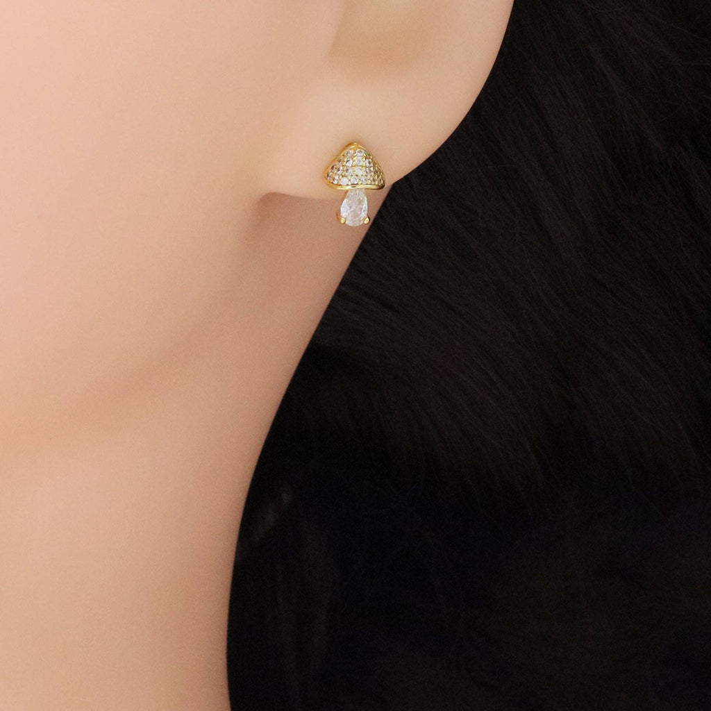 Clear CZ Mushroom Gold Silver Stud Earrings, Sku#A177