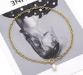 Oval Gold Chain Necklace with Pearl Pendant, Sku#EF214