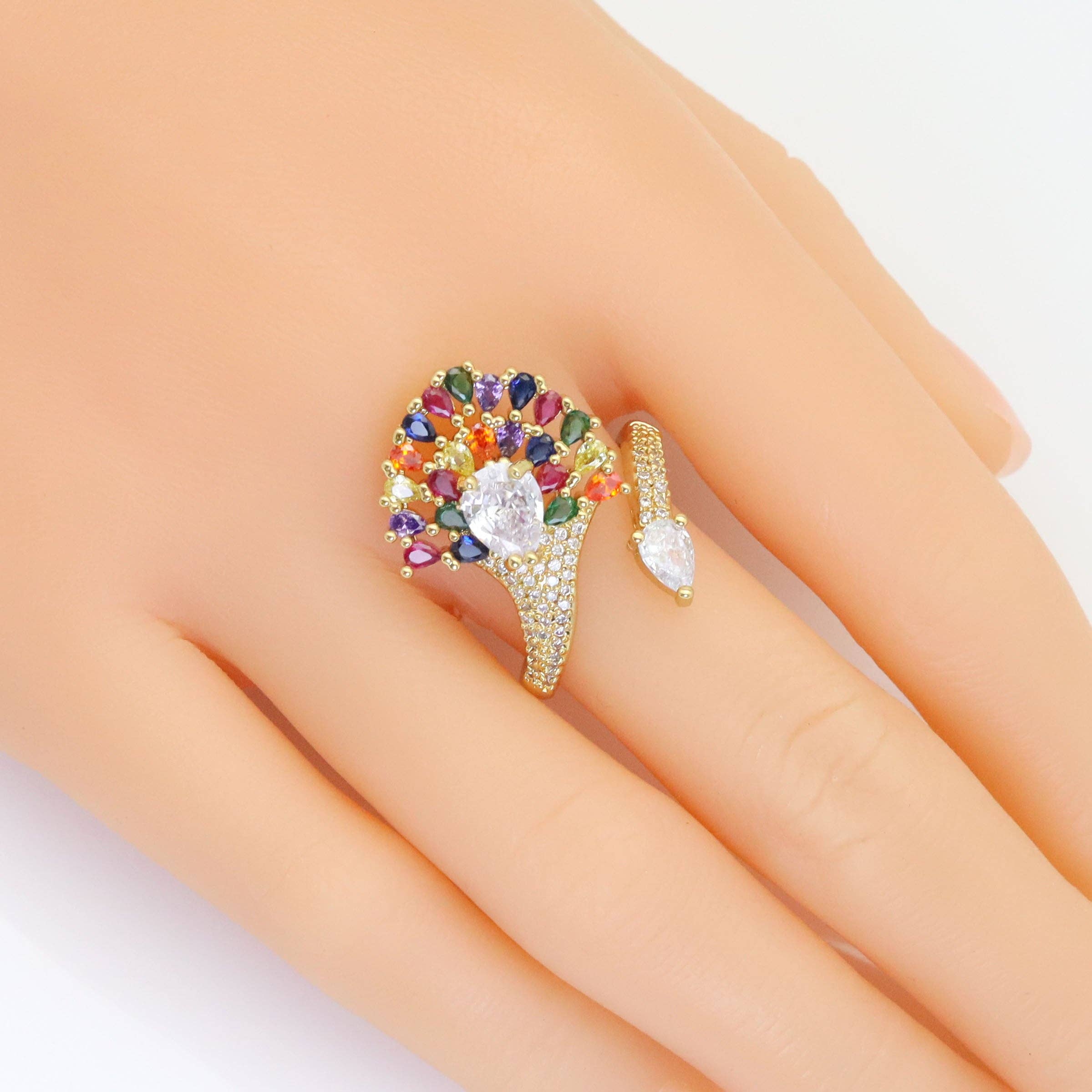 Clear Colorful Peacock Drop CZ Gold Adjustable Ring, Sku#LX493