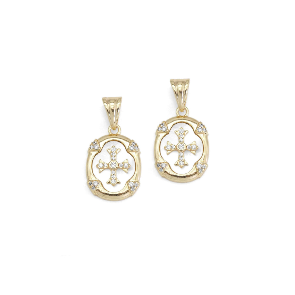 Gold / Silver CZ Cross Mother of Pearl Oval Charm, Sku#ZX164