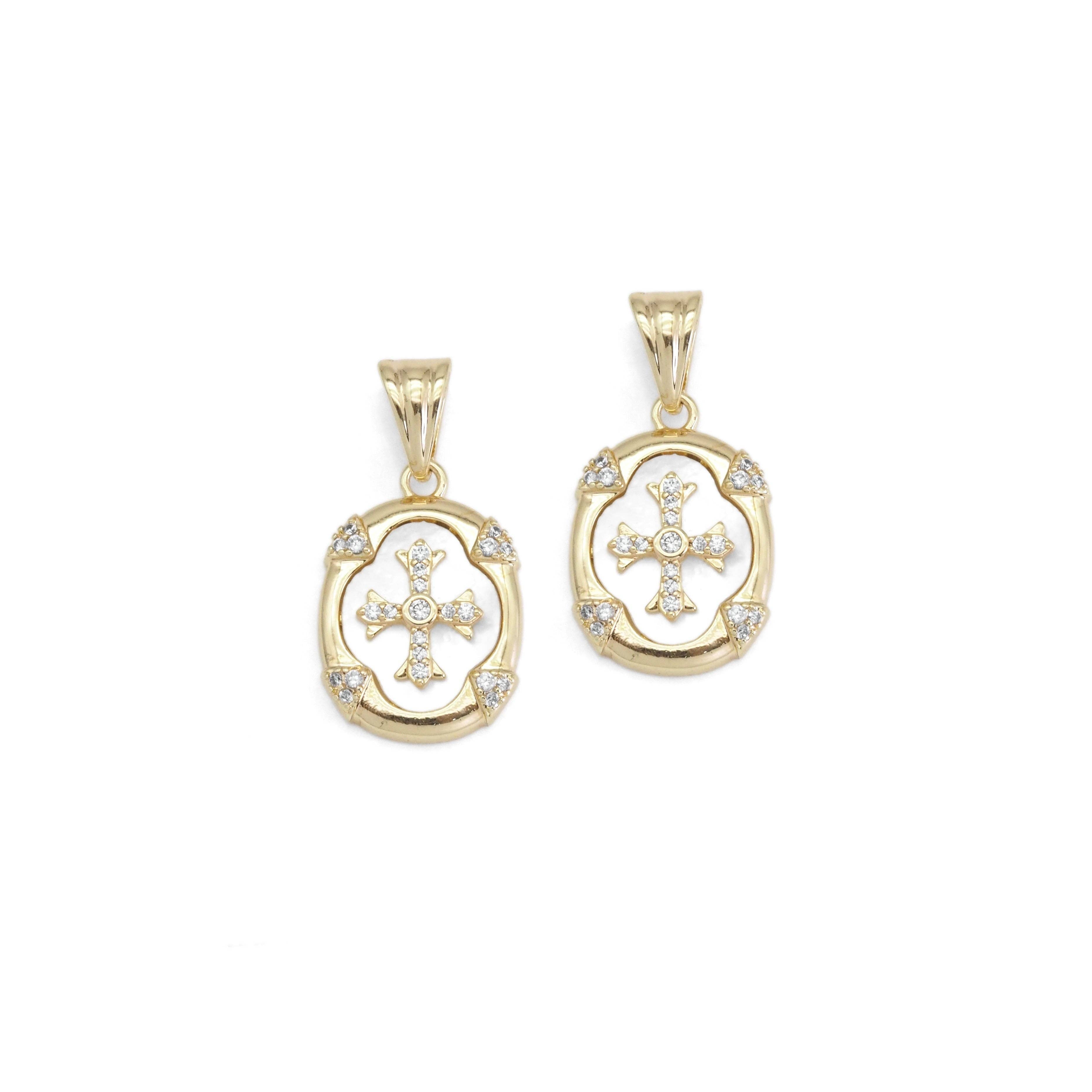 Gold / Silver CZ Cross Mother of Pearl Oval Charm, Sku#ZX164