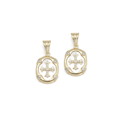 Gold / Silver CZ Cross Mother of Pearl Oval Charm, Sku#ZX164