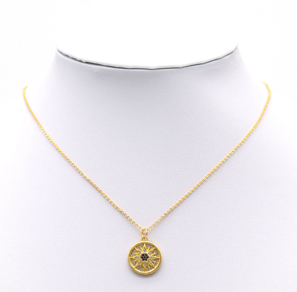 Gold CZ Flower with blue center Coin Charm, Sku#Y743