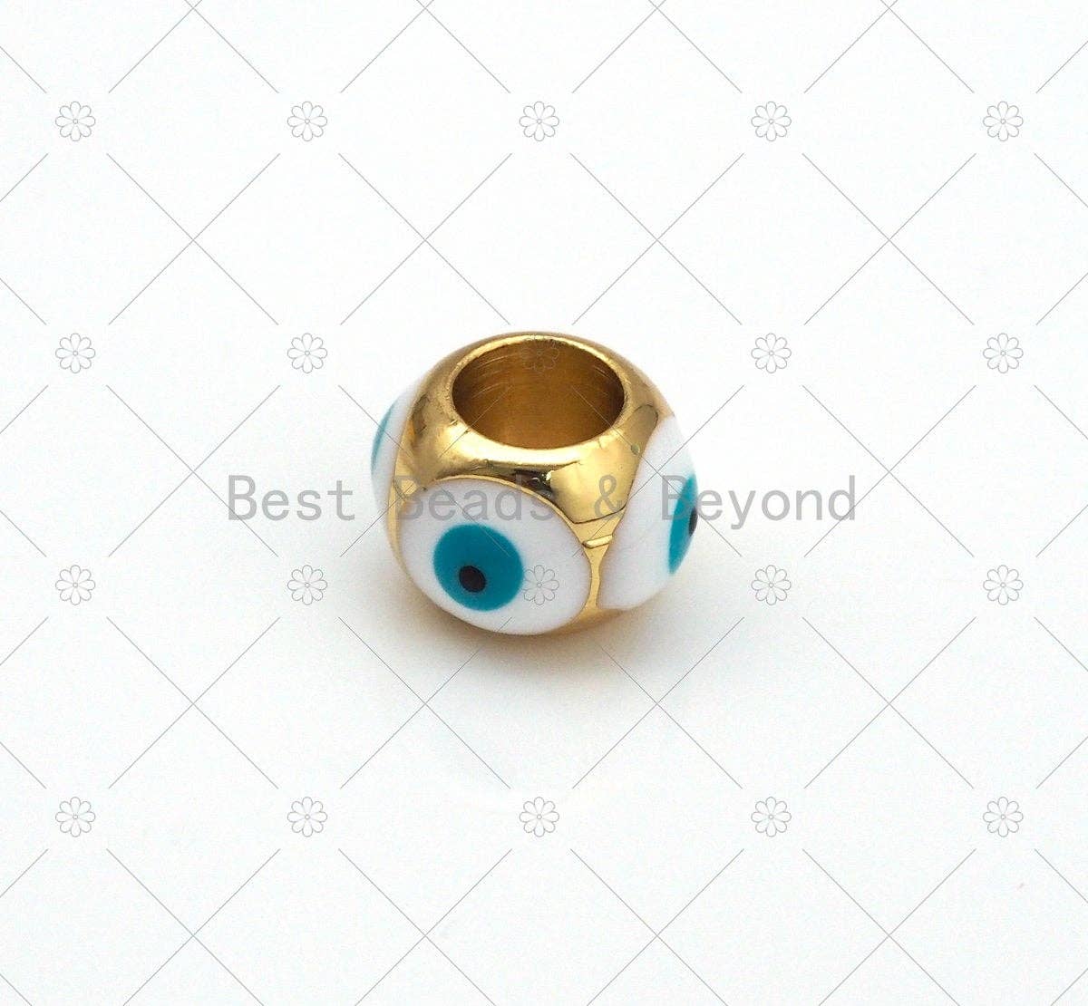 Enamel Turquoise Blue Evil Eye on Round Spacer Beads, 18K Gold Filled Large Hole Spacer Beads,6x8mm,Sku#Y541