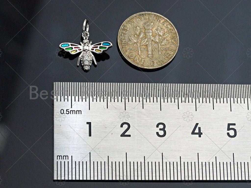 Bee Shape Pendant,Colorful Enamel Cubic Zirconia Bee Charm,Gold/Silver/Rose Gold Tone,15x12mm,Sku#Y341