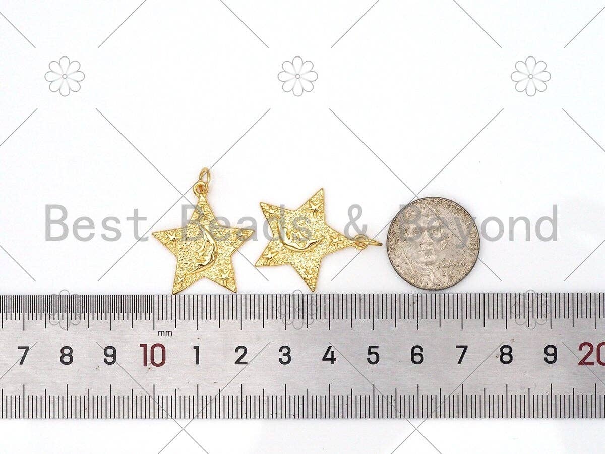 CZ Micro Pave Cresent Moon Star On Five Point Star Shape Pendant,18K Gold Filled Star Charm, Necklace Bracelet Pendant, 25x24mm,Sku#Z1388