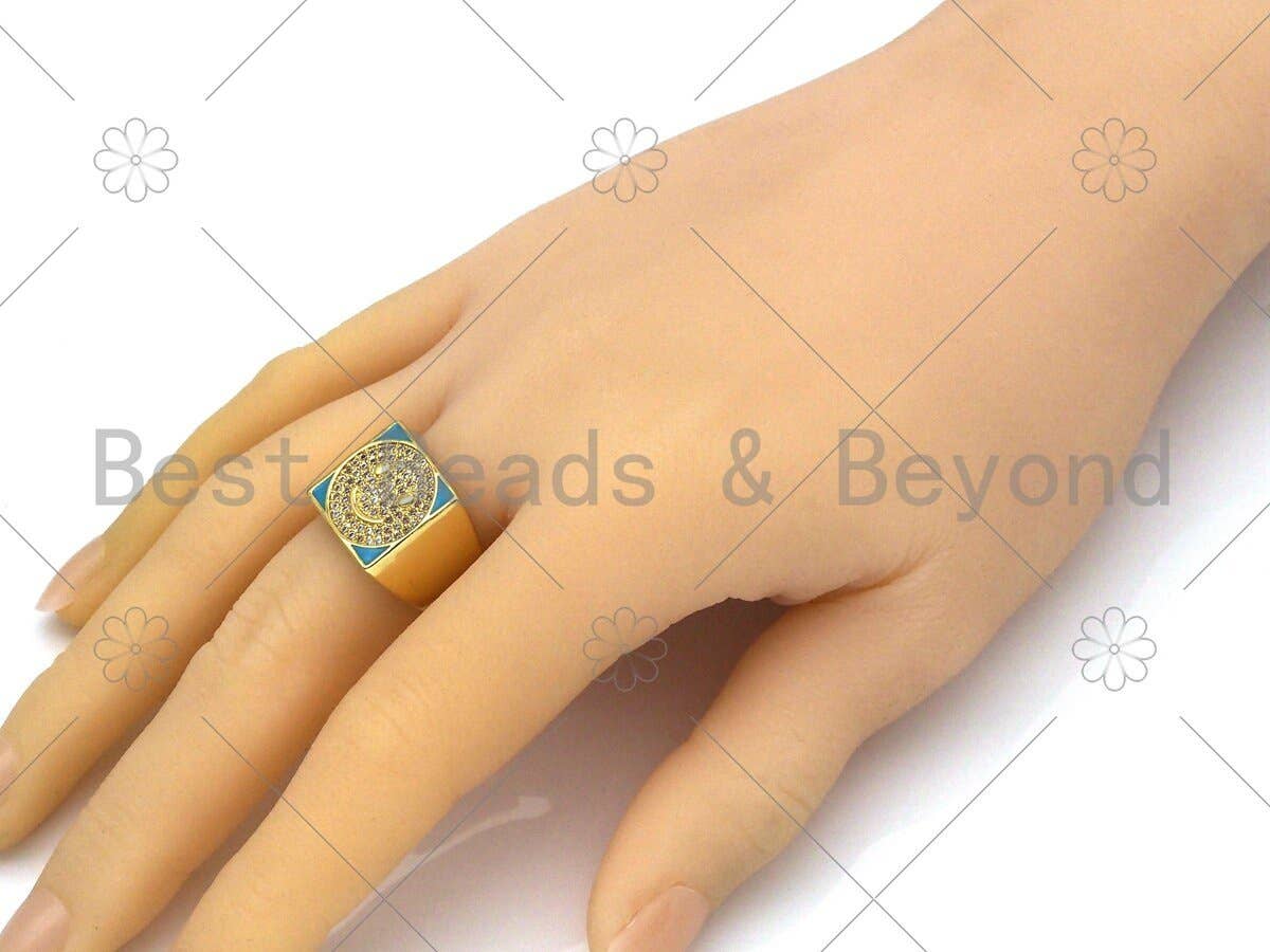 Colorful Enamel CZ Smiley Face Adjustable Ring, Sku#O65