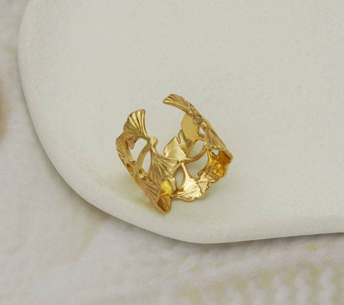 CZ Gold Ginkgo Leaf Adjustable Ring, Sku#Y757