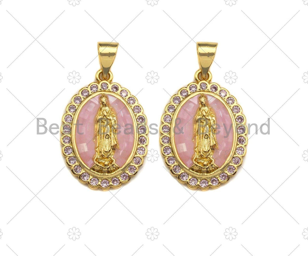 Mary Pink Mother-of-pearl Inlay Oval Pendant, Cubic Zirconia Pendant, Gold Pink Tone, Reglious charm, 15x22mm, Sku#LK71