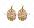 Mary Pink Mother-of-pearl Inlay Oval Pendant, Cubic Zirconia Pendant, Gold Pink Tone, Reglious charm, 15x22mm, Sku#LK71
