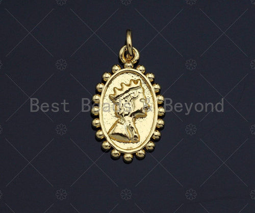 Gold Medallion Queen Elizabeth Coin Pendant, Vintage Necklace Pendant, Oval Gold Bracelet Earring Charm Necklace Charms, 11x17mm, Sku#Z1163