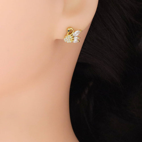 Clear CZ Swan Gold Stud Earrings, Sku#A175