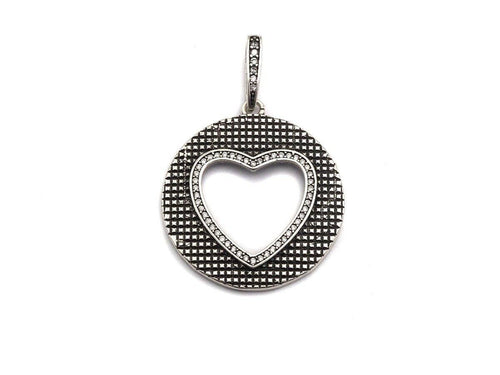 Antique Finish  CZ Micro Pave Hollow Out Heart Pendant, Silver Tone, 28x31mm,sku#F991C
