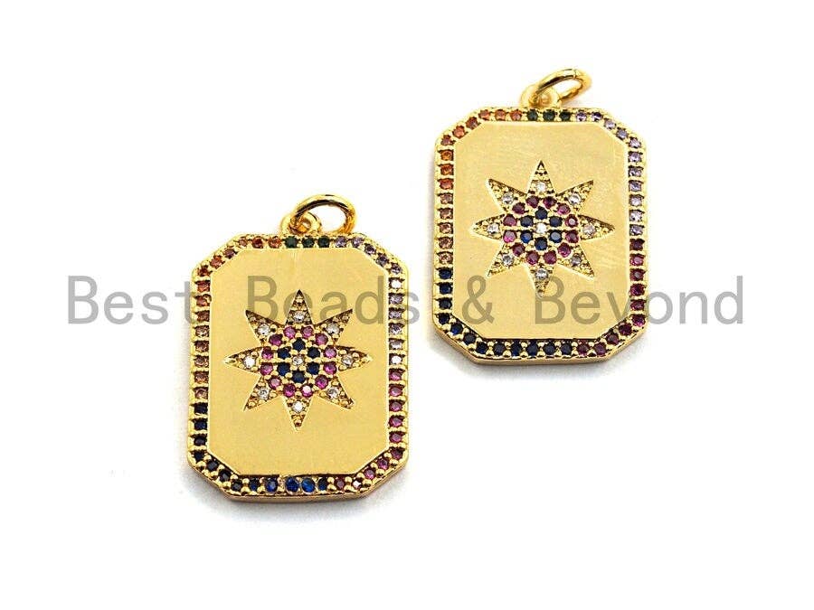 CZ Colorful Micro Pave Rectangle with Eight Pointed Star Pendant, Rectangle Tag Shaped Pave Pendant,Gold plated,17x24mm,Sku#F873