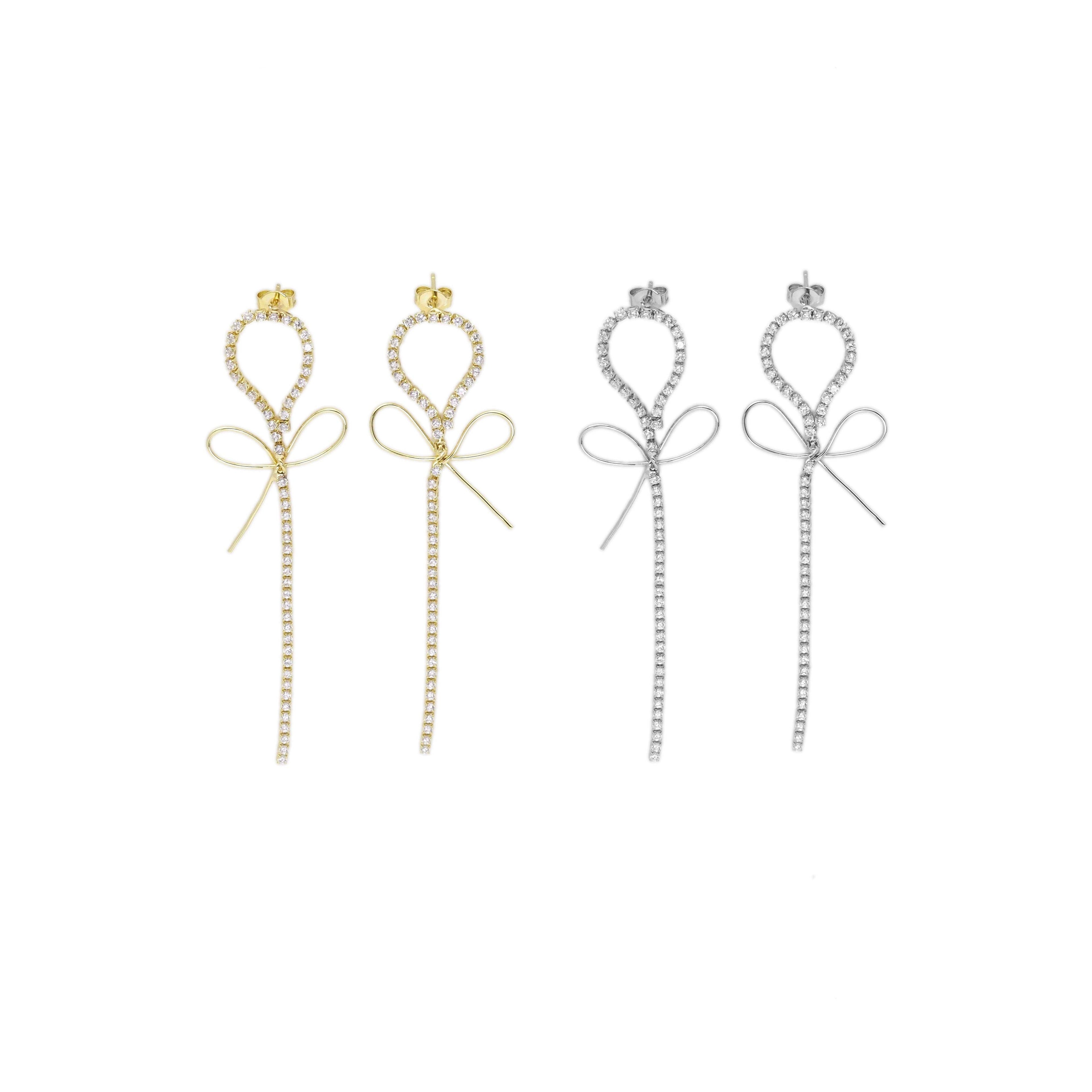 Gold Silver CZ Link Bowknot Long Dangle Stud Earrings, Sku#LX375