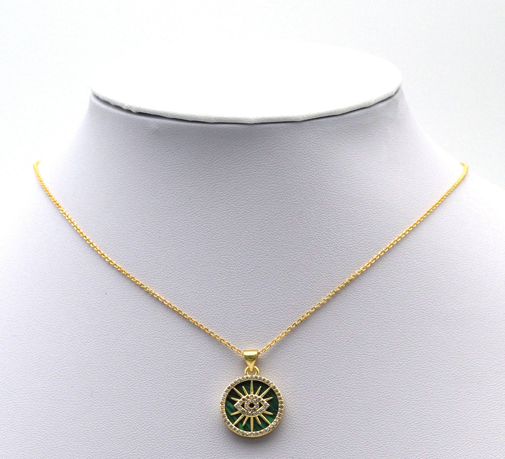 Gold CZ Evil Eye On Round Coin Gemstone Charm, Sku#LX122