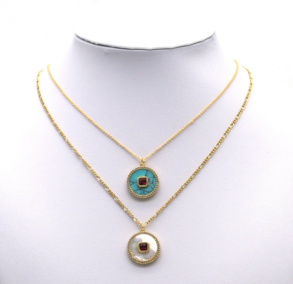 Gold Square CZ on MOP/Turquoise Round Charm, Sku#L692