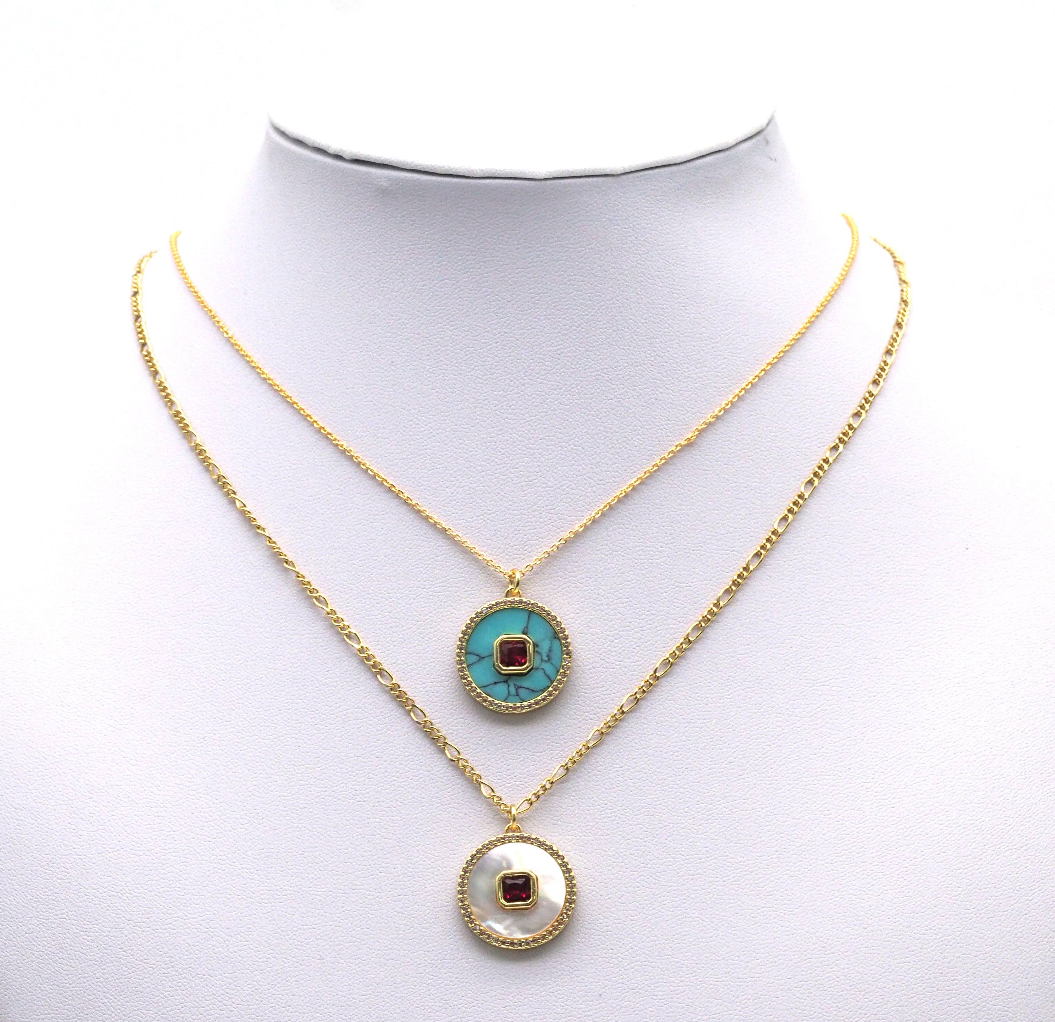 Gold Square CZ on MOP/Turquoise Round Charm, Sku#L692