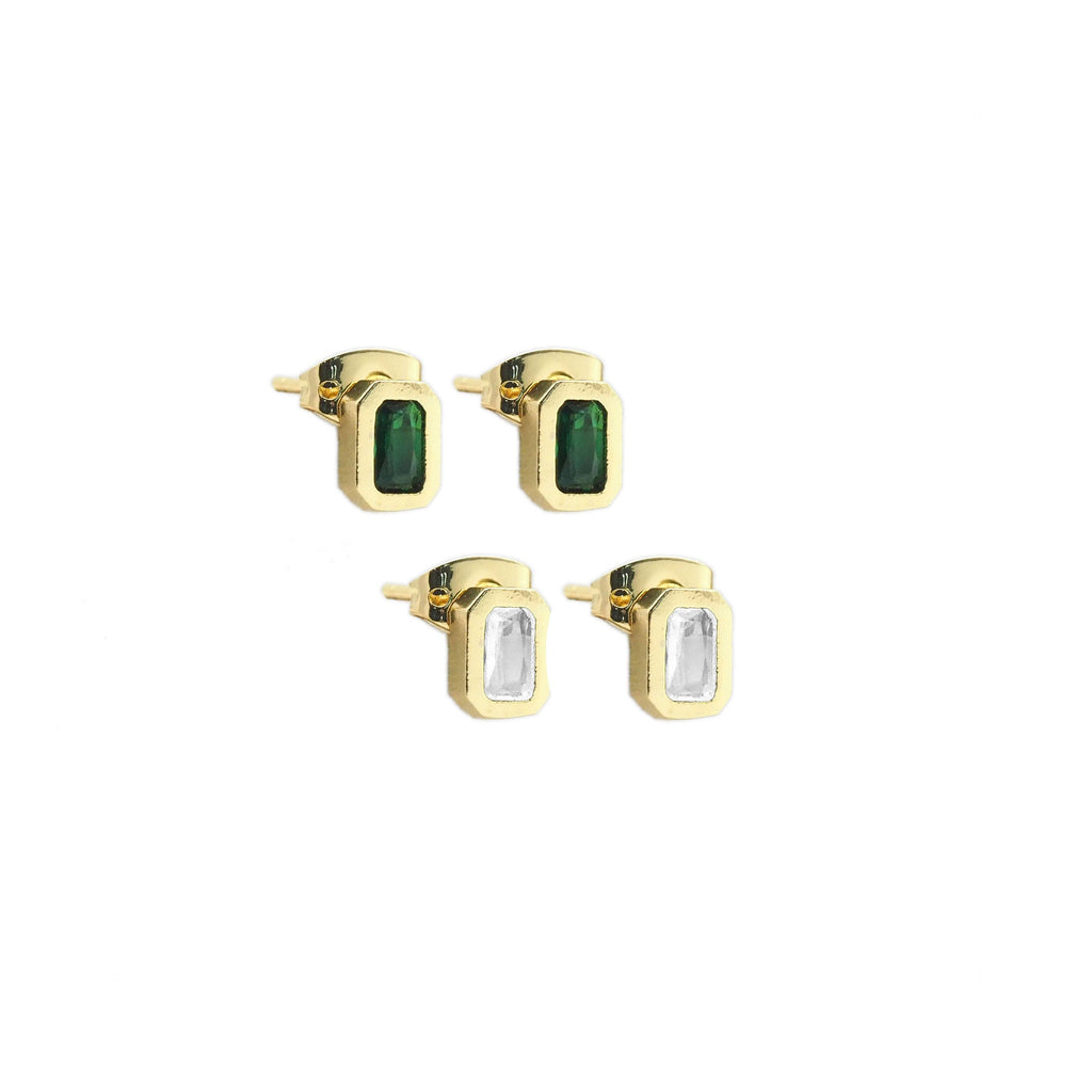 Gold Clear/ Green Rectangle CZ Stud Earrings, Sku#Y843