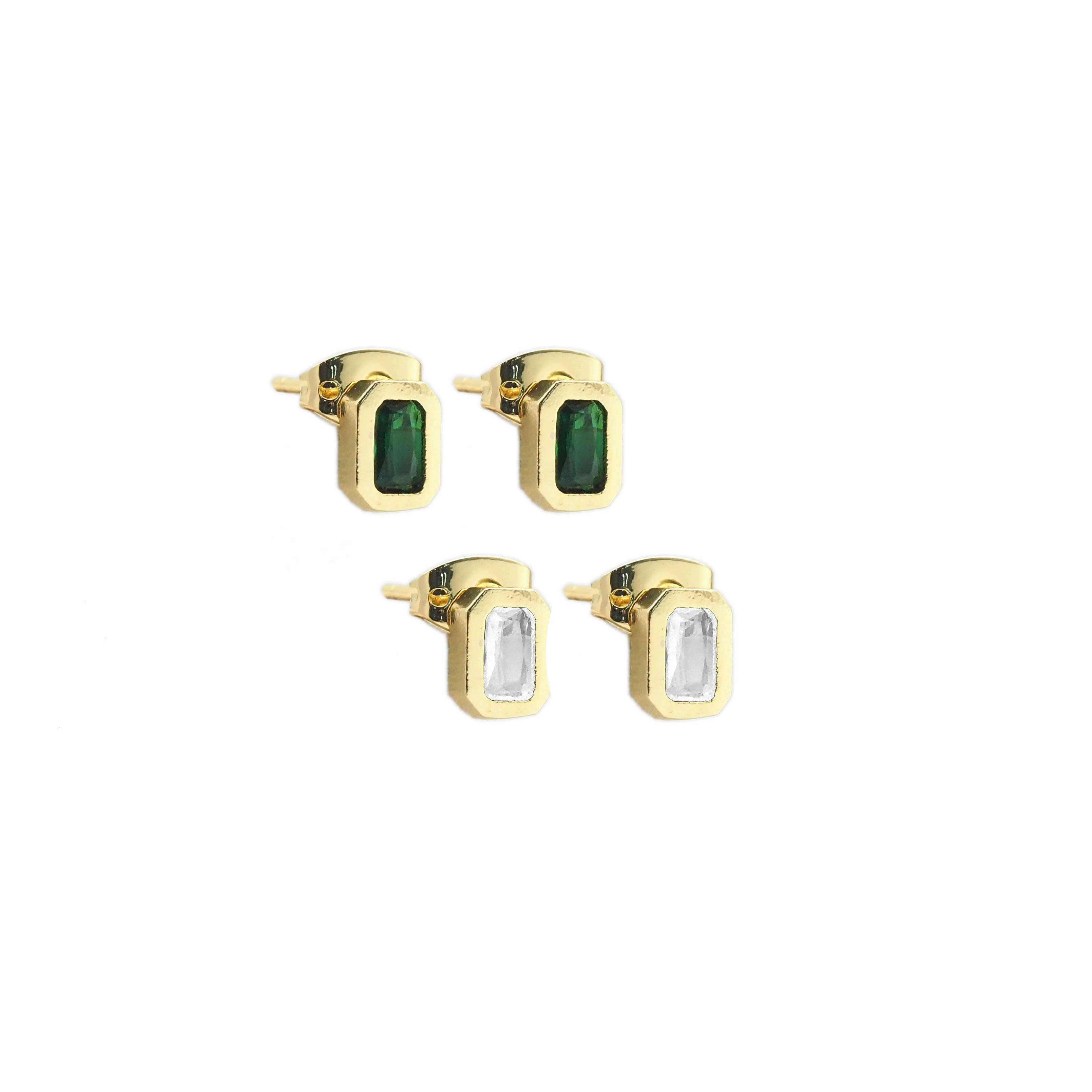 Gold Clear/ Green Rectangle CZ Stud Earrings, Sku#Y843