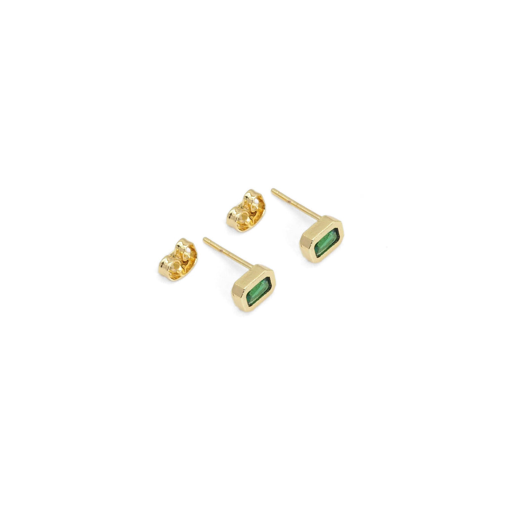 Gold Clear/ Green Rectangle CZ Stud Earrings, Sku#Y843