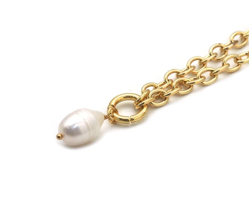 Oval Gold Chain Necklace with Pearl Pendant, Sku#EF214