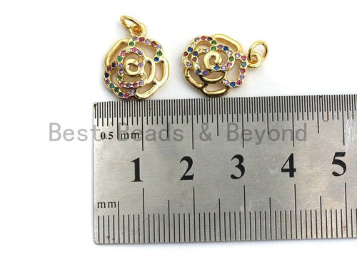 CZ Colorful Micro Pave Rose Flower Pendant, Rose Shaped Pave Pendant, Gold plated, 13x16mm, Sku#F839