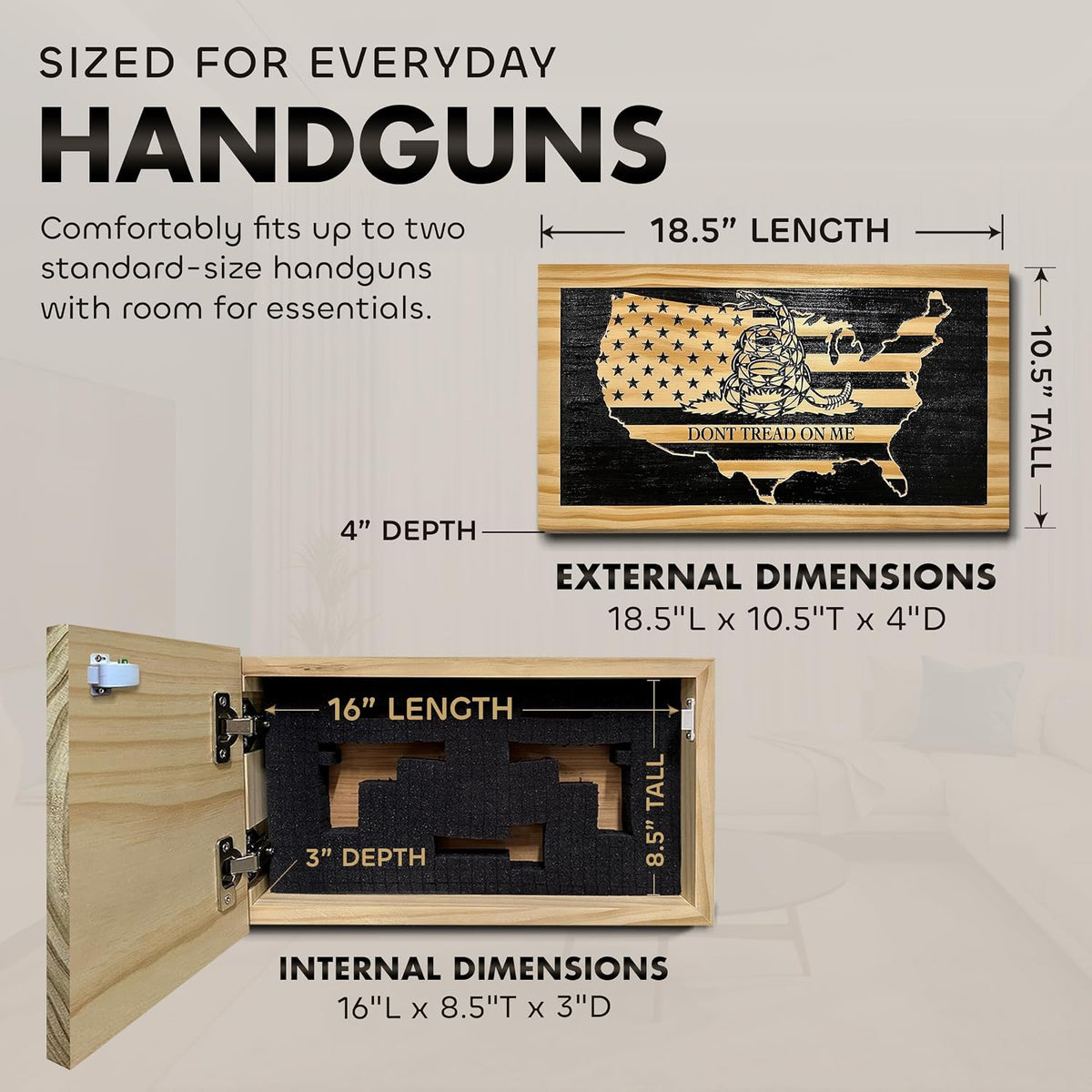 Dont Tread on Me Concealment Shelf - Quick Access Patriotic Hidden Gun Storage with Magnetic Lock - Safe & Secure Gun Concealment Furniture (Union)