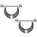 14G 5/8 White Faux Opal Fern Foliage Dangle Nipple Ring Set