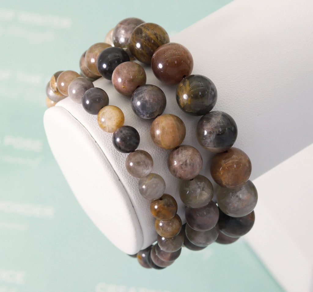 Natural Black Sunstone Round Smooth Stretchy Bracelet, Sku#EF132