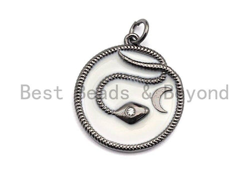 Enamel Round With Snake And Moon Pendant, Gold/Black/Silver,CZ Micro Pave Oil Drop pendant,Enamel Jewelry,20x22mm,sku#Z402