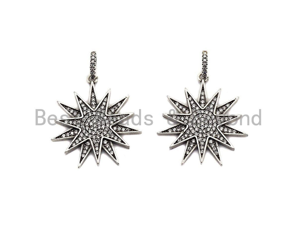 CZ Micro Pave North Star Pendant, Antique Silver Tone,  27x29mm,sku#F997C