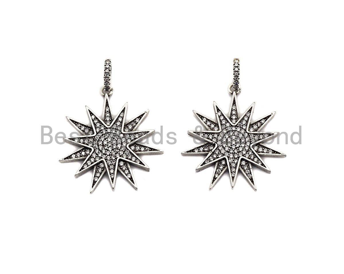 CZ Micro Pave North Star Pendant, Antique Silver Tone,  27x29mm,sku#F997C