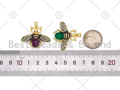 Colorful Glass Bee with Fuchsia CZ Eye  Shape Pendant,18K Gold Filled Bee Charm, Necklace Bracelet Charm Pendant, 32x27mm, Sku#FH179