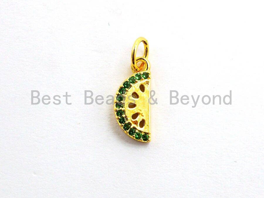 Green CZ Micro Pave Watermelon Slice Charm, Cubic Zirconia Pave Fruit Pendant/Charm, Micro Pave Watermelon Charm, 5x12mm, sku#Y141