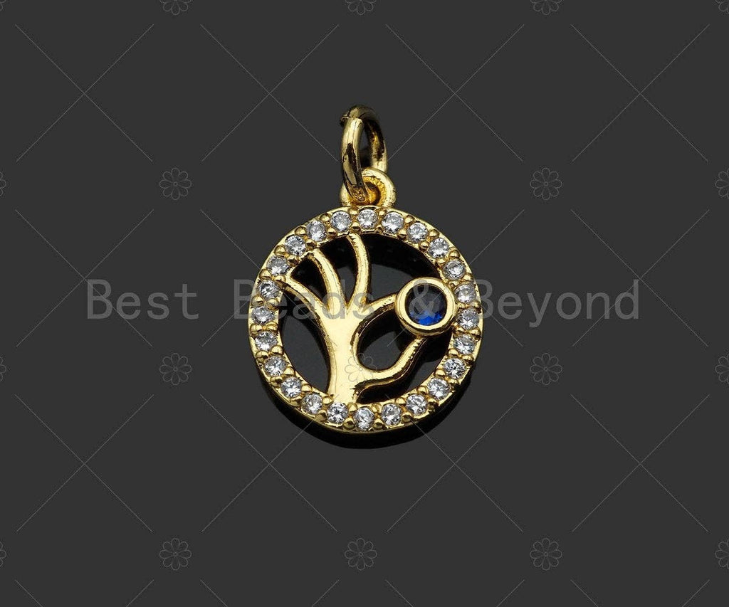CZ Micro Pave OK Gesture On Round Ring Shape Pendant,Cobalt Blue Cubic Zirconia Gold Charm,Necklace Bracelet Charm Pendant,11x13mm,Sku#Z1301