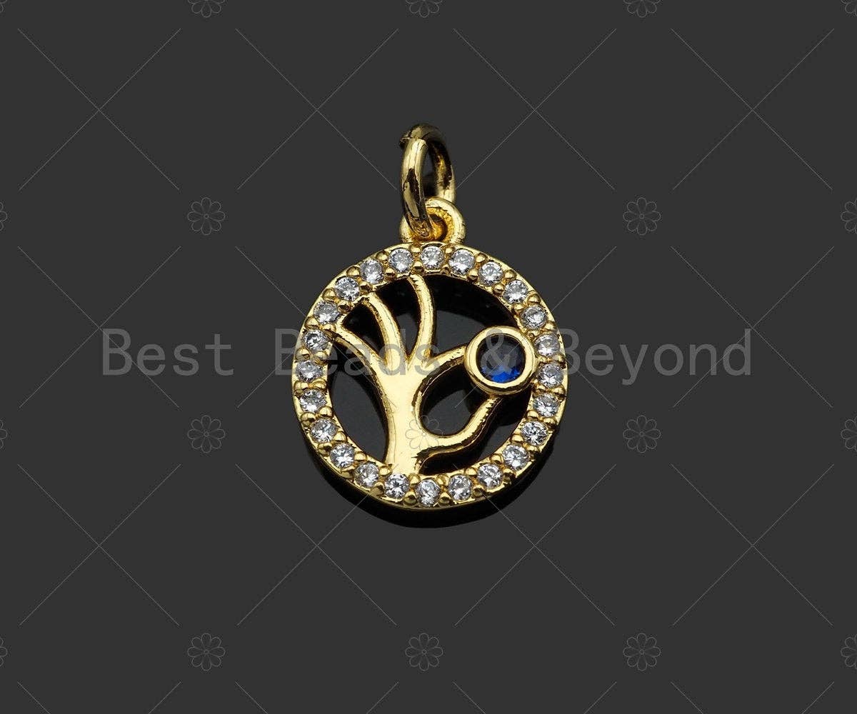 CZ Micro Pave OK Gesture On Round Ring Shape Pendant,Cobalt Blue Cubic Zirconia Gold Charm,Necklace Bracelet Charm Pendant,11x13mm,Sku#Z1301