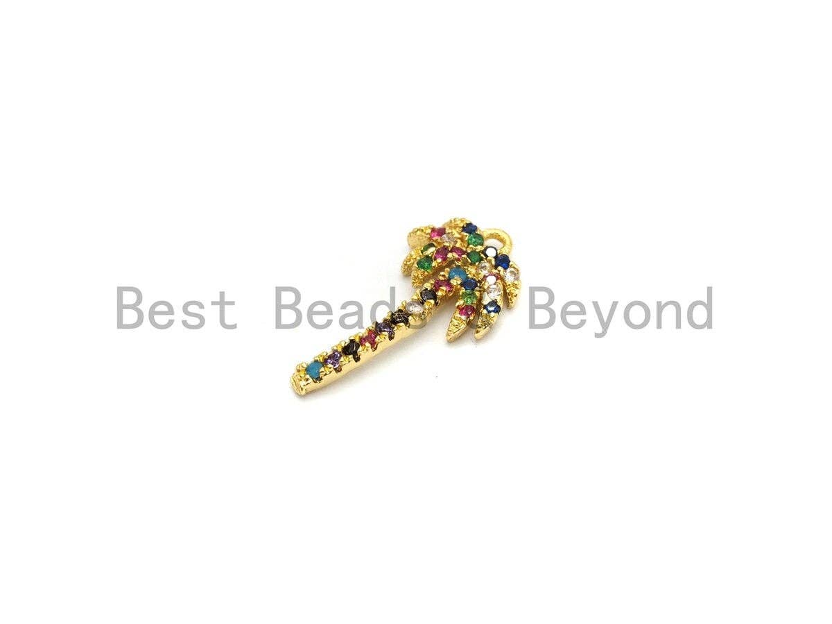 CZ Micro Pave Multi color Coconut Tree Pendant, Tree Shaped Pave Pendant, Gold plated, 10x19mm, Sku#B115