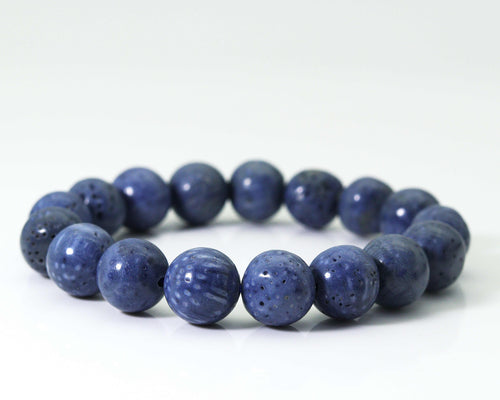 Natural Round Smooth Blue Sponge Coral Stretchy Bracelet, Sku#EF139