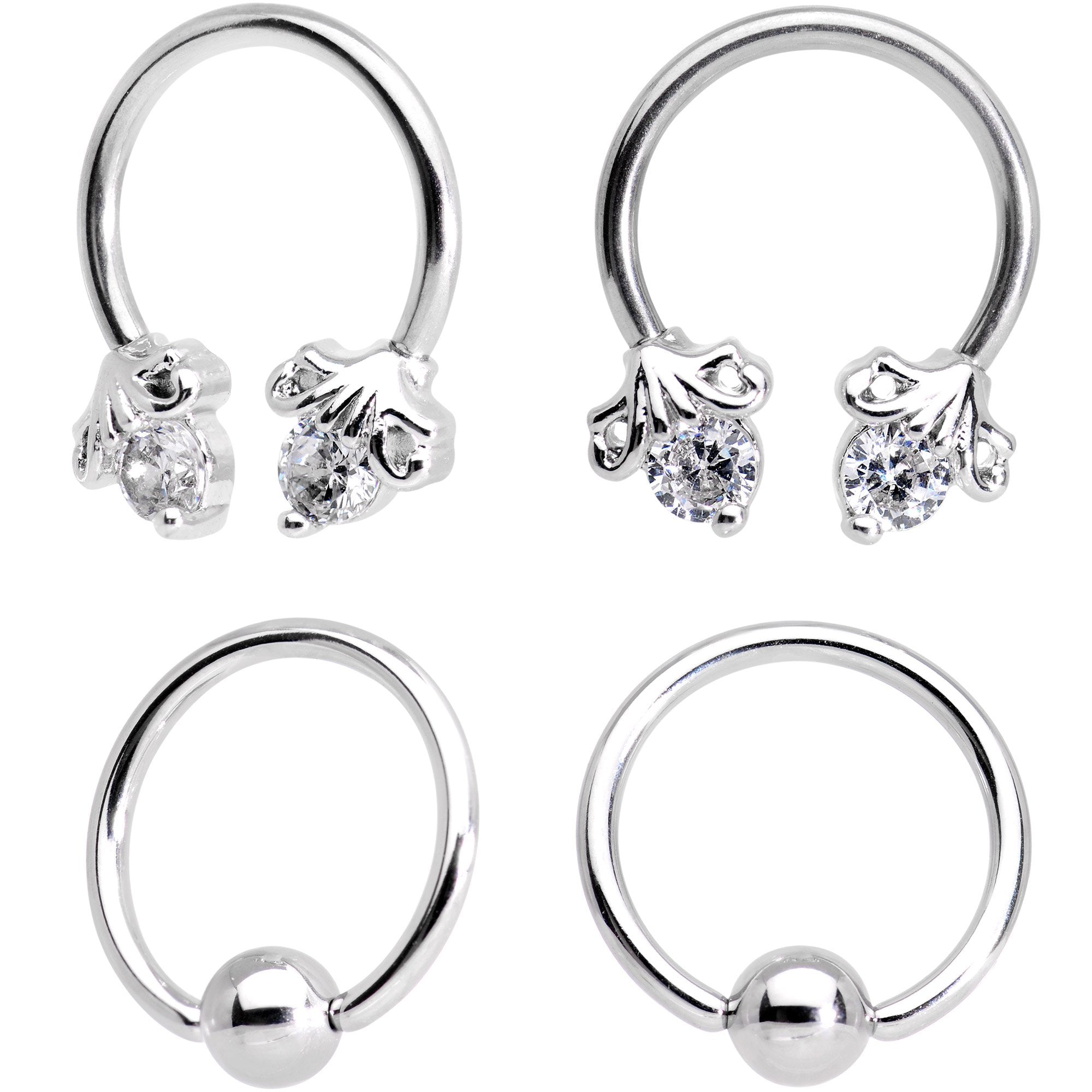 16G Clear CZ Gem Flower Horseshoe BCR Captive Ring Set of 4