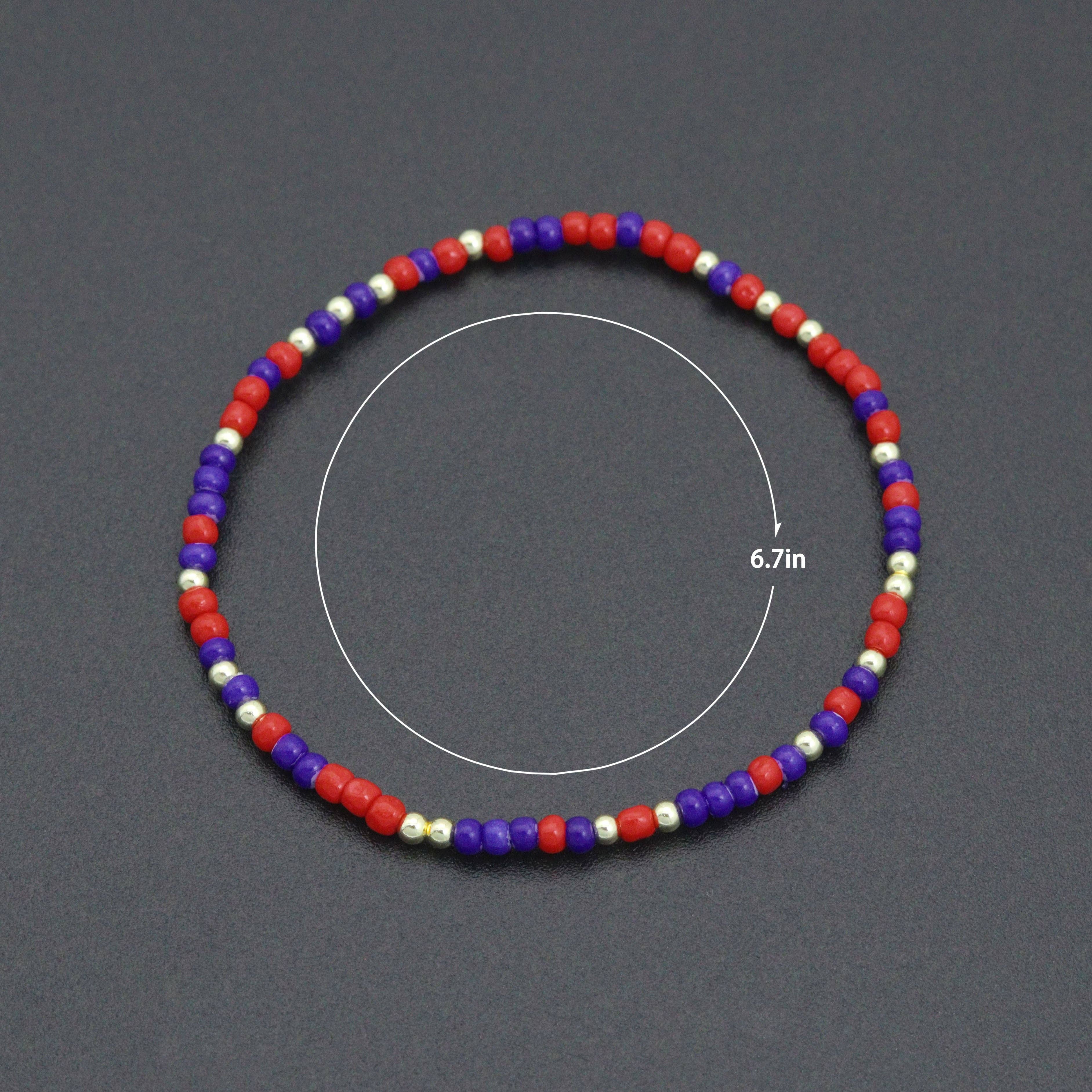 Red Blue Gold Mixed Beads Stretchy Bracelet, Patriotic July 4th Stretch, Sku#EF680