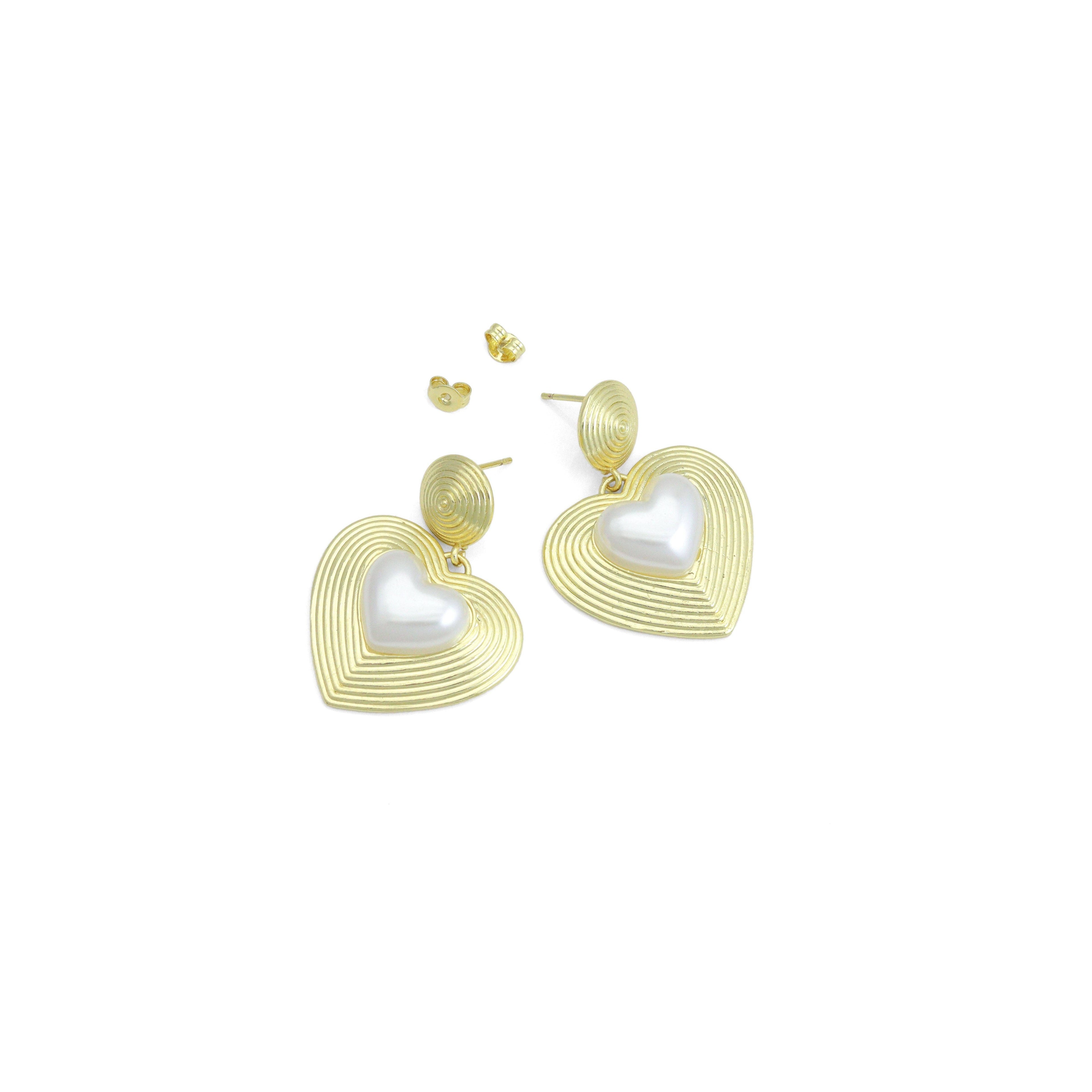Gold Silver White Pearl On Heart Shape Statement Earrings, Sku#A467