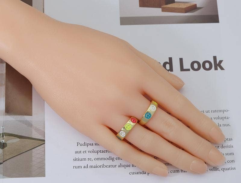 CZ Enamel Smile Face Ring, Sku#LD152N