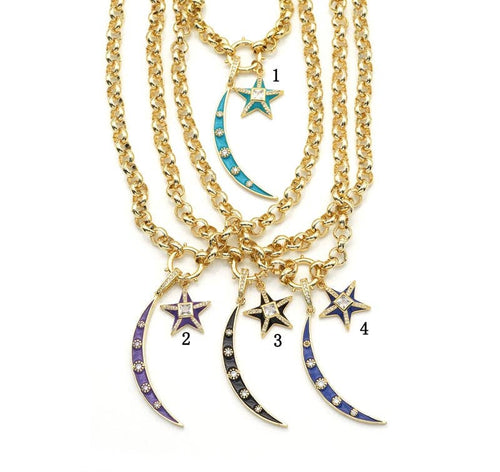 Rolo Star Cresent Moon Chain Necklace, Sku#EF217
