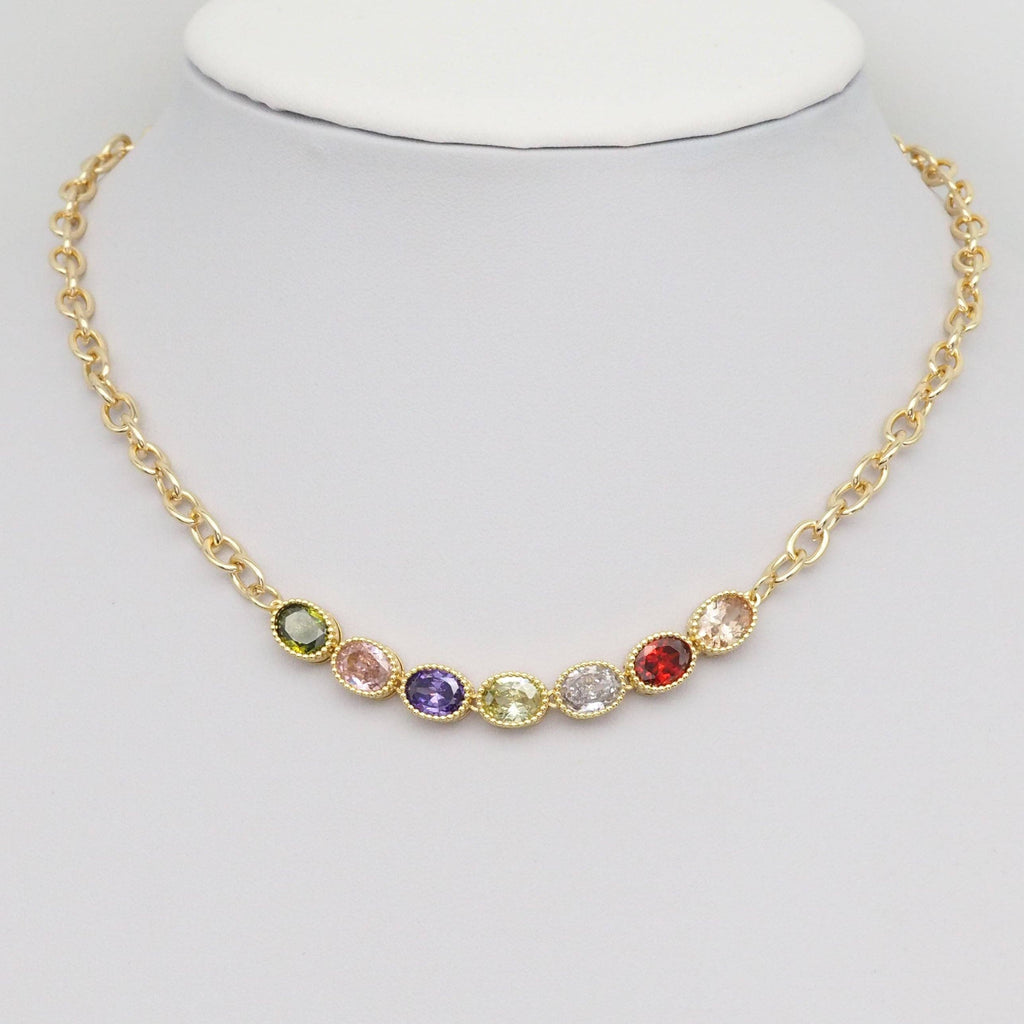 Colorful Oval Link CZ Chain Necklace, Sku#EF359