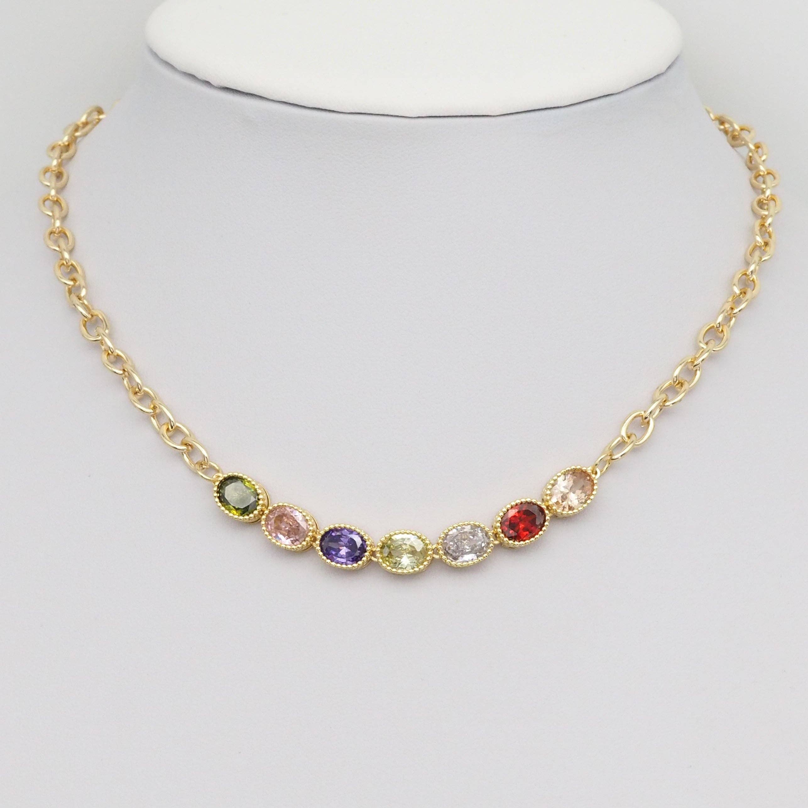 Colorful Oval Link CZ Chain Necklace, Sku#EF359