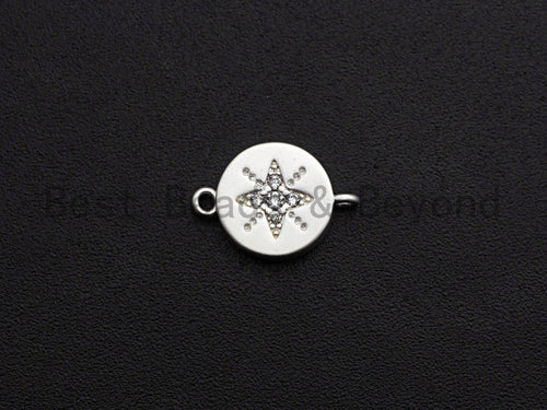 CZ Micro Pave Round Coin With Star Connector,Cubic Zirconia Connector, Silver Tone,9x13mm,sku#Y223