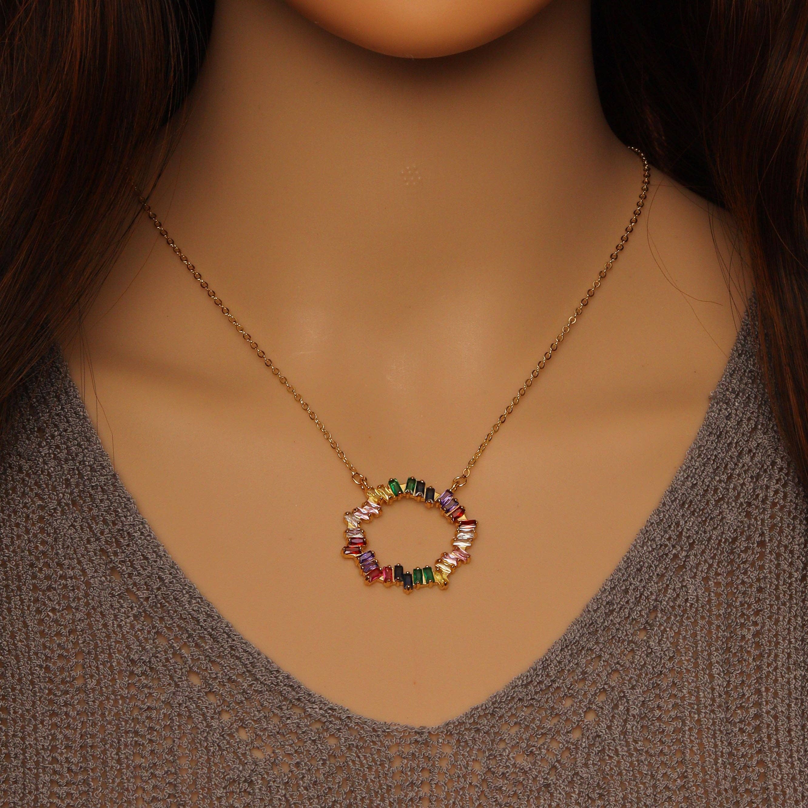 Colorful CZ Pendant Link Gold Adjustable Necklace, Sku#EF376